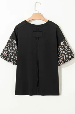 Discount Dear-Lover Contrast Floral Puff Sleeve Oversized Top Black