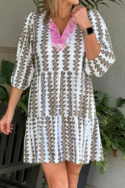 Best Dear-Lover Contrast Floral V Neck Printed Bracelet Sleeve Dress Black