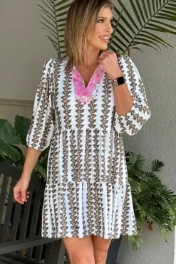 Best Dear-Lover Contrast Floral V Neck Printed Bracelet Sleeve Dress Black