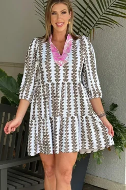 Best Dear-Lover Contrast Floral V Neck Printed Bracelet Sleeve Dress Black