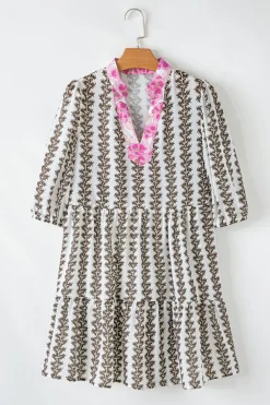 Best Dear-Lover Contrast Floral V Neck Printed Bracelet Sleeve Dress Black
