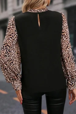 New Dear-Lover Contrast Leopard Print Lantern Sleeve Blouse Black