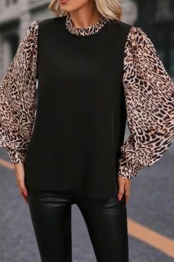 New Dear-Lover Contrast Leopard Print Lantern Sleeve Blouse Black
