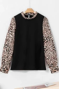 New Dear-Lover Contrast Leopard Print Lantern Sleeve Blouse Black