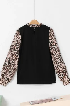 New Dear-Lover Contrast Leopard Print Lantern Sleeve Blouse Black