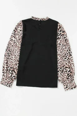 New Dear-Lover Contrast Leopard Print Lantern Sleeve Blouse Black