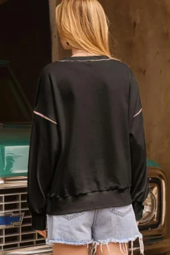 Hot Dear-Lover Contrast Rainbow Trim Drop Shoulder Pullover Sweatshirt Black