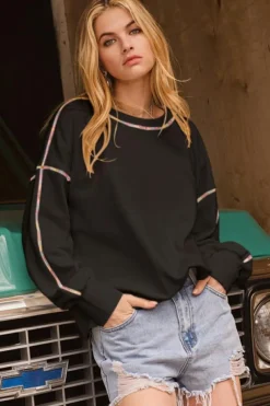 Hot Dear-Lover Contrast Rainbow Trim Drop Shoulder Pullover Sweatshirt Black