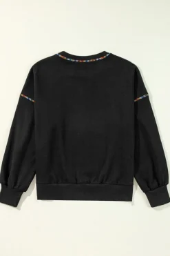 Hot Dear-Lover Contrast Rainbow Trim Drop Shoulder Pullover Sweatshirt Black
