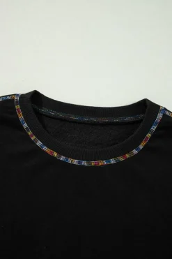 Hot Dear-Lover Contrast Rainbow Trim Drop Shoulder Pullover Sweatshirt Black
