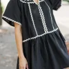 Discount Dear-Lover Contrast Ricrac Trim Short Sleeve V Neck Loose Mini Dress Black