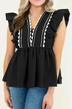 Sale Dear-Lover Contrast Ricrac Trim Ruffled V Neck Peplum Top Black
