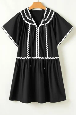 Discount Dear-Lover Contrast Ricrac Trim Short Sleeve V Neck Loose Mini Dress Black