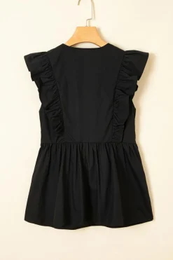 Sale Dear-Lover Contrast Ricrac Trim Ruffled V Neck Peplum Top Black
