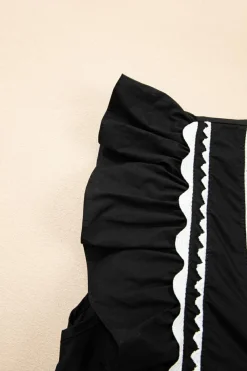 Sale Dear-Lover Contrast Ricrac Trim Ruffled V Neck Peplum Top Black