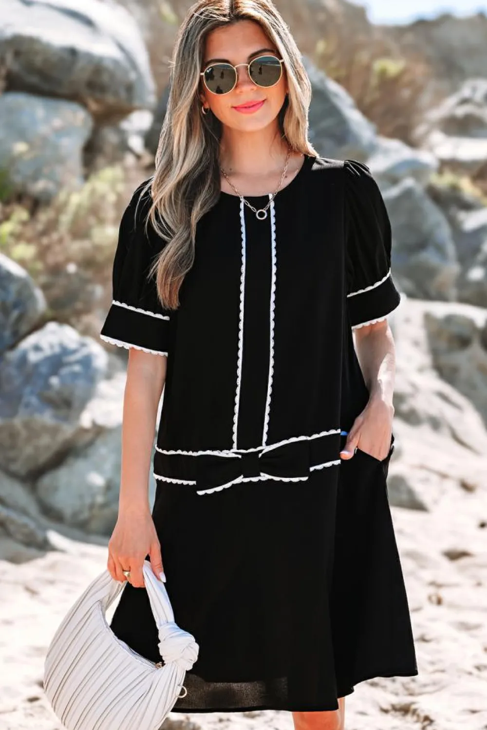 Sale Dear-Lover Contrast Scallop Trim Bow Detail Half Sleeve Shift Dress Black