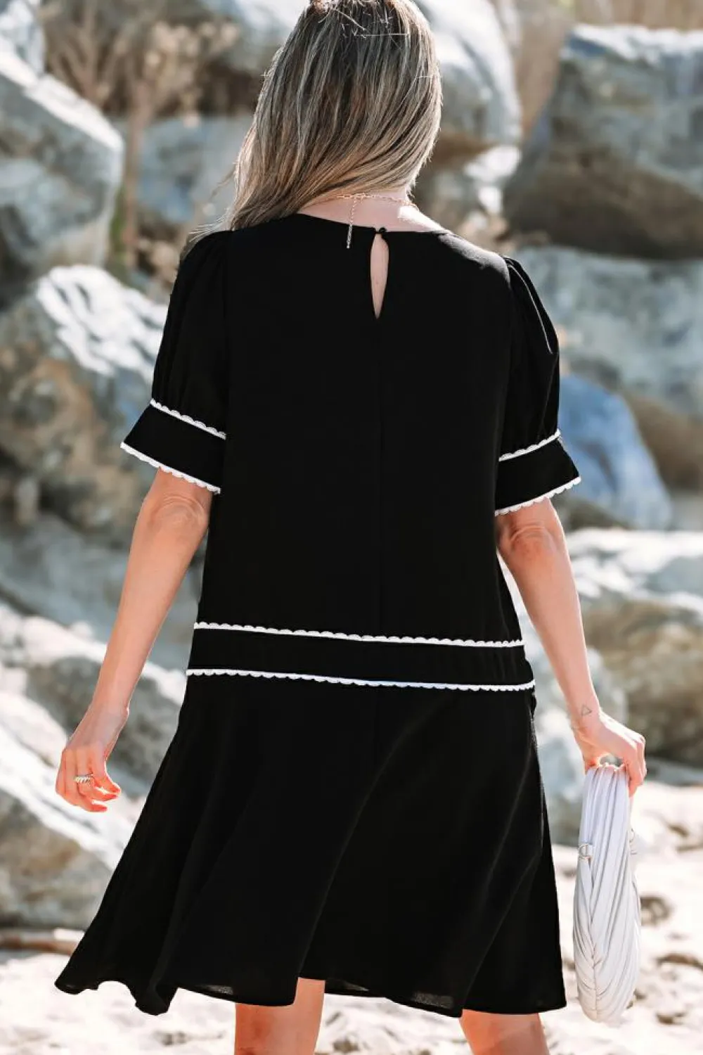 Sale Dear-Lover Contrast Scallop Trim Bow Detail Half Sleeve Shift Dress Black