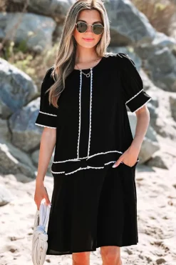Sale Dear-Lover Contrast Scallop Trim Bow Detail Half Sleeve Shift Dress Black