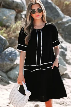 Sale Dear-Lover Contrast Scallop Trim Bow Detail Half Sleeve Shift Dress Black