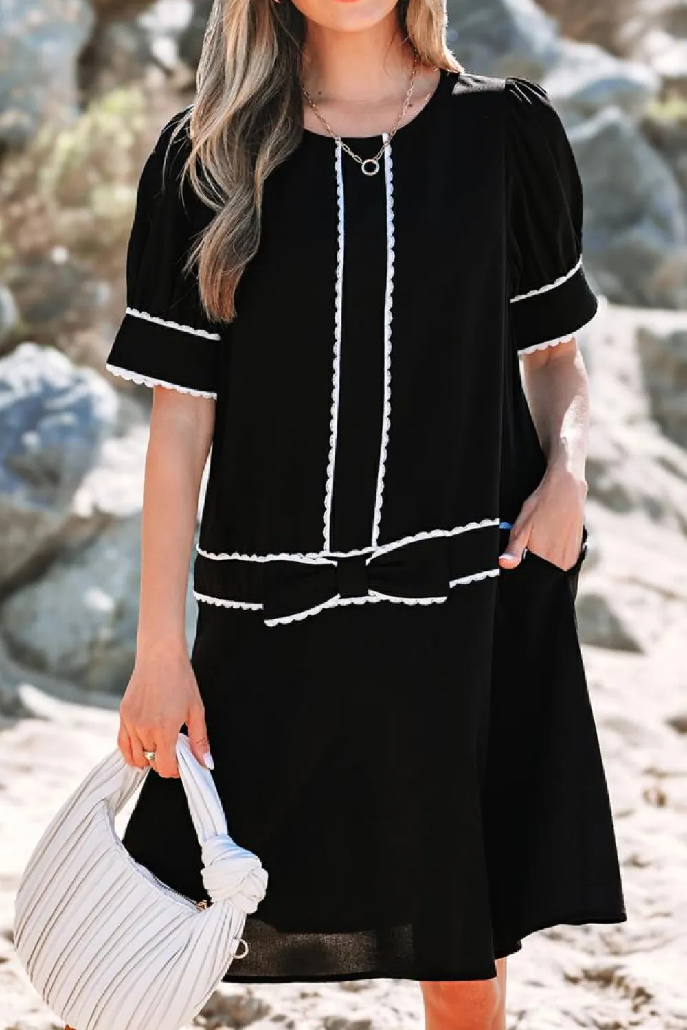 Sale Dear-Lover Contrast Scallop Trim Bow Detail Half Sleeve Shift Dress Black