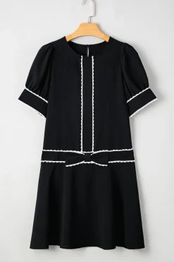 Sale Dear-Lover Contrast Scallop Trim Bow Detail Half Sleeve Shift Dress Black