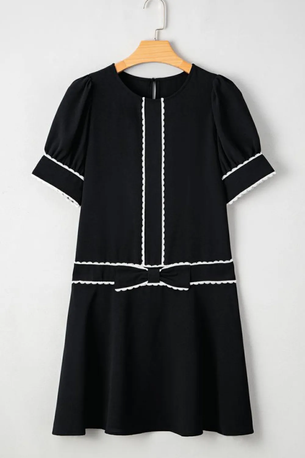 Sale Dear-Lover Contrast Scallop Trim Bow Detail Half Sleeve Shift Dress Black