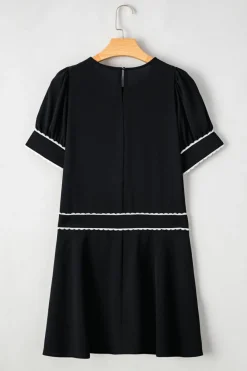 Sale Dear-Lover Contrast Scallop Trim Bow Detail Half Sleeve Shift Dress Black