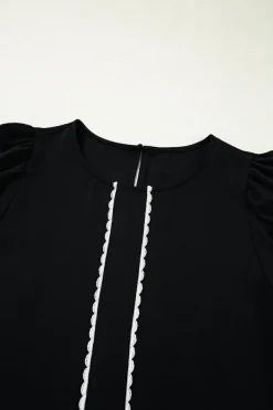 Sale Dear-Lover Contrast Scallop Trim Bow Detail Half Sleeve Shift Dress Black