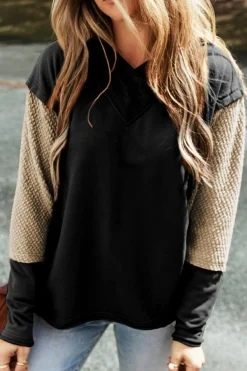 Hot Dear-Lover Contrast Sleeves Patchwork Colorblock Hoodie Black