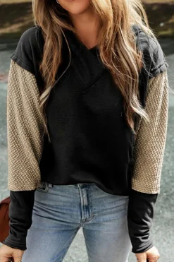 Hot Dear-Lover Contrast Sleeves Patchwork Colorblock Hoodie Black