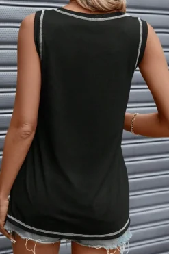 Discount Dear-Lover Contrast Stitch Round Neck Sleeveless Top Black
