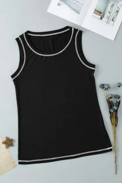 Discount Dear-Lover Contrast Stitch Round Neck Sleeveless Top Black