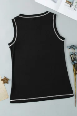 Discount Dear-Lover Contrast Stitch Round Neck Sleeveless Top Black