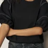 Hot Dear-Lover Contrast Stitches Detail Puffy Half Sleeve Blouse Black