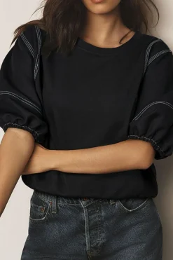 Hot Dear-Lover Contrast Stitches Detail Puffy Half Sleeve Blouse Black
