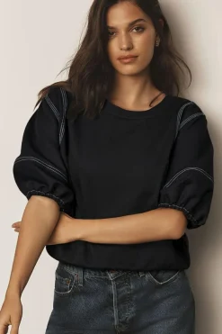 Hot Dear-Lover Contrast Stitches Detail Puffy Half Sleeve Blouse Black