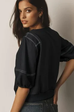 Hot Dear-Lover Contrast Stitches Detail Puffy Half Sleeve Blouse Black