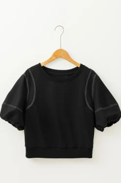 Hot Dear-Lover Contrast Stitches Detail Puffy Half Sleeve Blouse Black