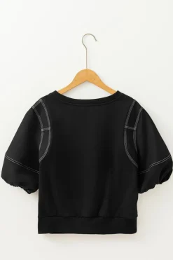 Hot Dear-Lover Contrast Stitches Detail Puffy Half Sleeve Blouse Black