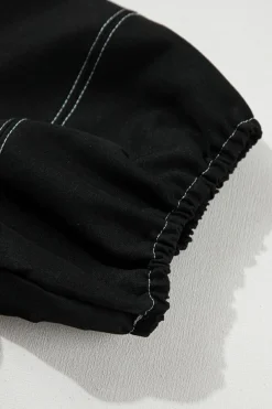 Hot Dear-Lover Contrast Stitches Detail Puffy Half Sleeve Blouse Black