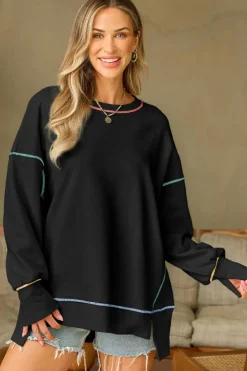 Clearance Dear-Lover Contrast Stitching Split Baggy Sweatshirt Black