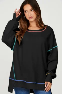 Clearance Dear-Lover Contrast Stitching Split Baggy Sweatshirt Black