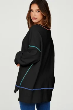Clearance Dear-Lover Contrast Stitching Split Baggy Sweatshirt Black