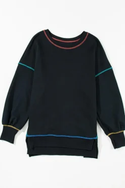 Clearance Dear-Lover Contrast Stitching Split Baggy Sweatshirt Black