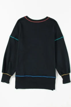 Clearance Dear-Lover Contrast Stitching Split Baggy Sweatshirt Black
