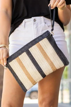 Fashion Dear-Lover Contrast Striped Straw Woven Shoulder Bag Black
