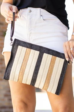 Fashion Dear-Lover Contrast Striped Straw Woven Shoulder Bag Black