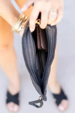 Fashion Dear-Lover Contrast Striped Straw Woven Shoulder Bag Black