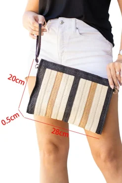 Fashion Dear-Lover Contrast Striped Straw Woven Shoulder Bag Black