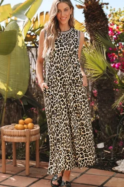 Outlet Dear-Lover Contrast Striped Trim Leopard Sleeveless Maxi Dress Black